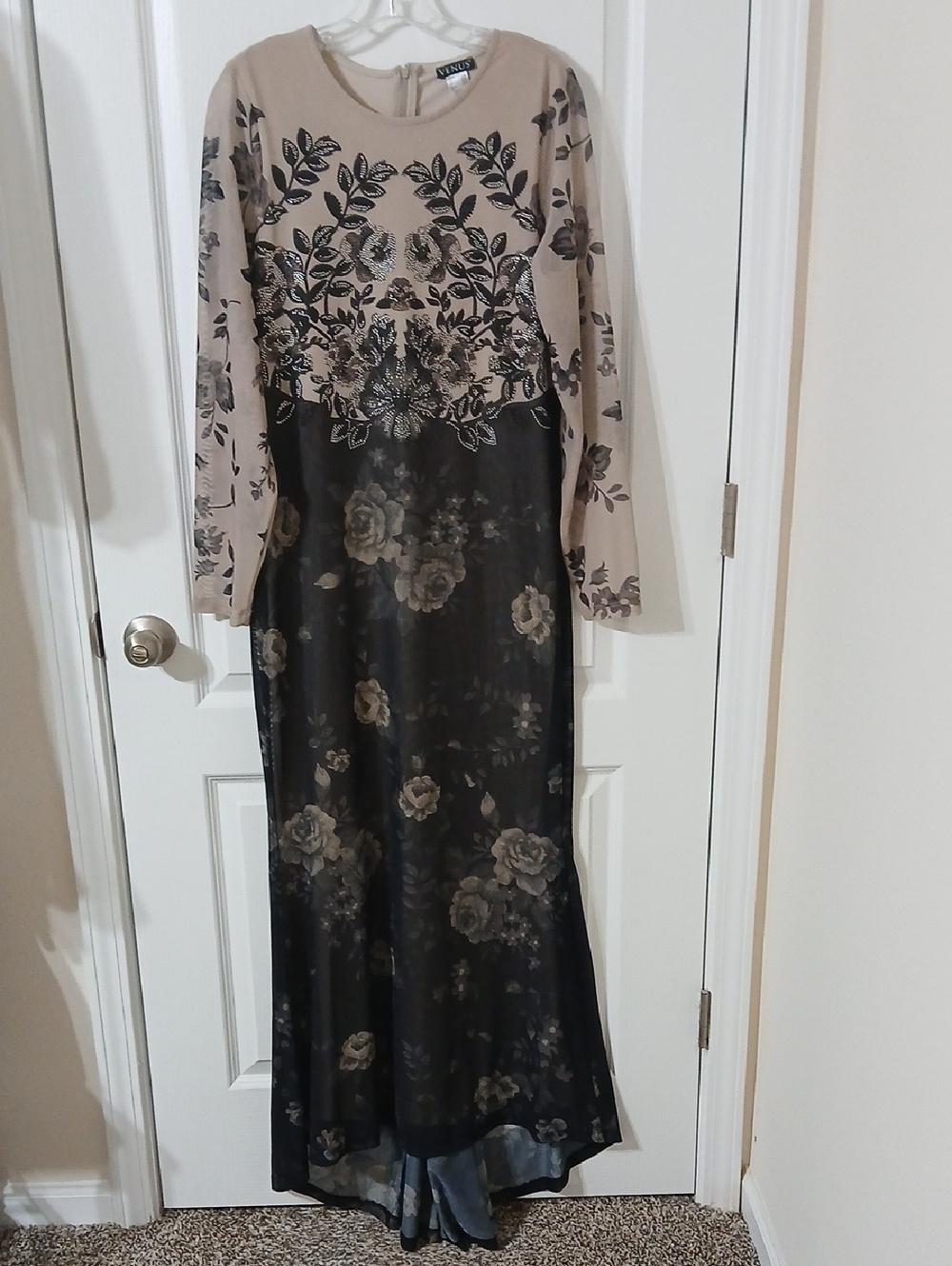 VENUS Taupe and Black Floral Long Sleeve Evening Gown